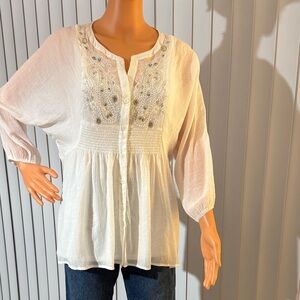FP Movement by Free People Cream Embroidered Button-Front Peasant Top